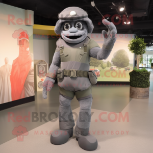 Gray Commando mascot costume character dressed with a Shift Dress and Anklets