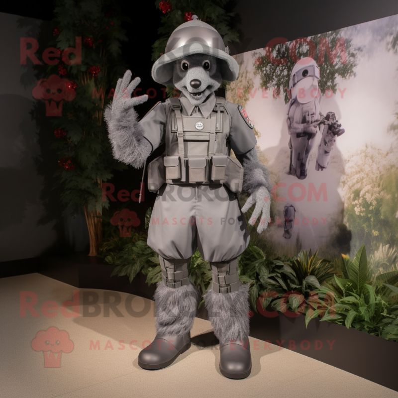 Gray Commando mascot costume character dressed with a Shift Dress and Anklets