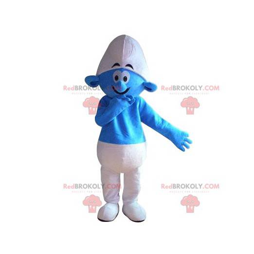 Blue and white smurf mascot with a big smile - Redbrokoly.com