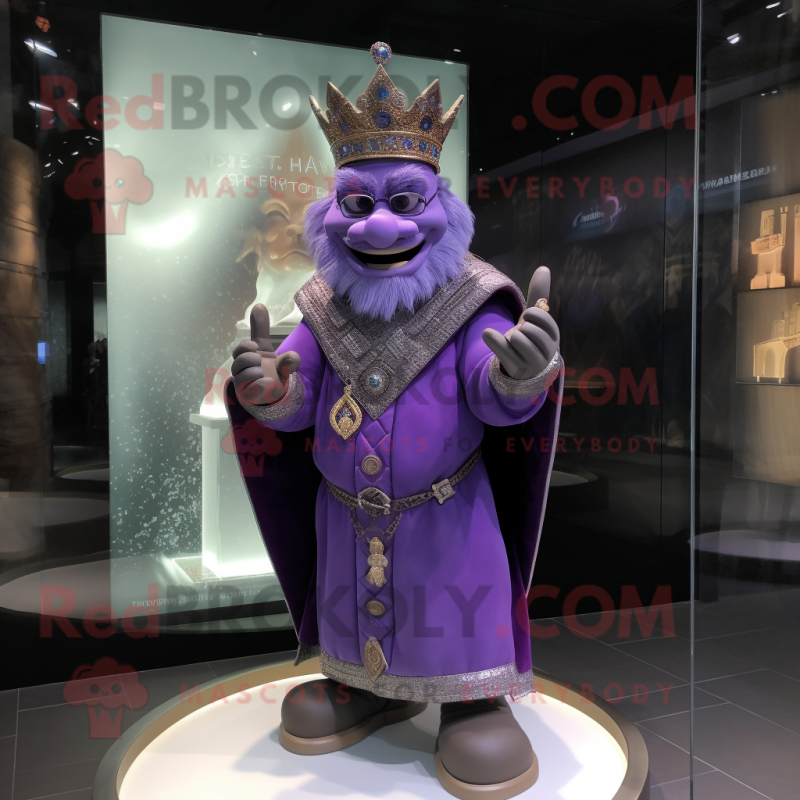 Purple King mascot costume character dressed with a Coat and Bracelet watches