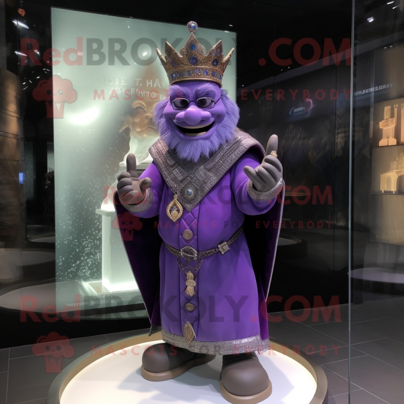 Purple King mascot costume character dressed with a Coat and Bracelet watches Purple King mascot costume character dressed with a Coat and Bracelet watches