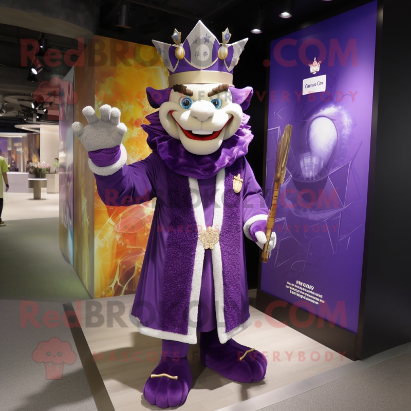 Purple King mascot costume character dressed with a Coat and Bracelet watches