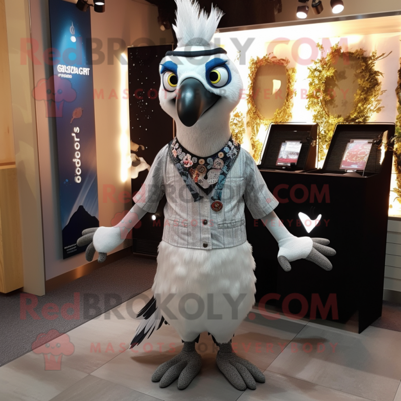 Silver Woodpecker mascot costume character dressed with a Maxi Skirt and Suspenders