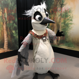 Silver Woodpecker mascot costume character dressed with a Maxi Skirt and Suspenders