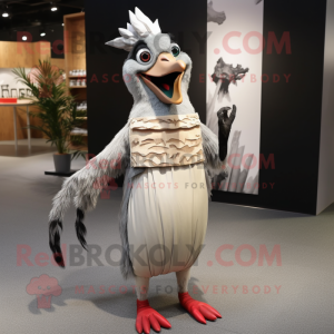 Silver Woodpecker mascot costume character dressed with a Maxi Skirt and Suspenders