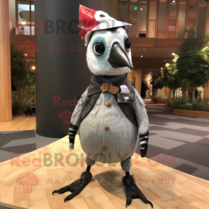 Silver Woodpecker mascot costume character dressed with a Maxi Skirt and Suspenders