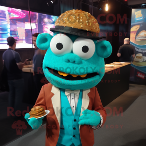 Turquoise Pulled Pork Sandwich mascot costume character dressed with a Suit Jacket and Headbands