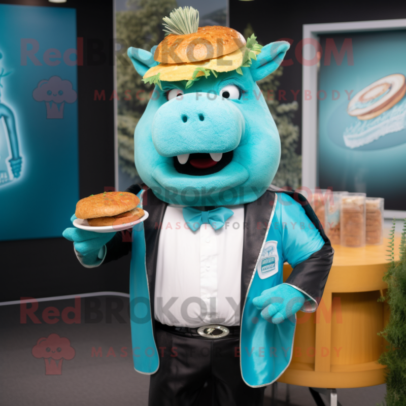 Turquoise Pulled Pork Sandwich mascot costume character dressed with a Suit Jacket and Headbands Turquoise Pulled Pork Sandwich mascot costume character dressed with a Suit Jacket and Headbands