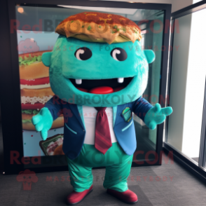 Turquoise Pulled Pork Sandwich mascot costume character dressed with a Suit Jacket and Headbands
