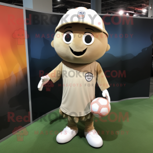 Tan Soccer Goal mascot costume character dressed with a Baseball Tee and Beanies