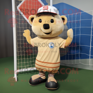 Tan Soccer Goal mascot costume character dressed with a Baseball Tee and Beanies