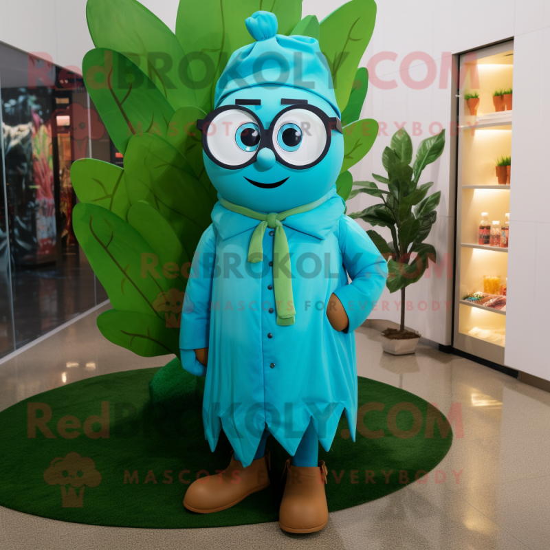 Teal Beanstalk mascot costume character dressed with a Raincoat and Eyeglasses Teal Beanstalk mascot costume character dressed with a Raincoat and Eyeglasses