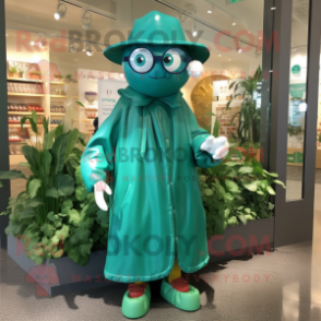 Teal Beanstalk mascot costume character dressed with a Raincoat and Eyeglasses
