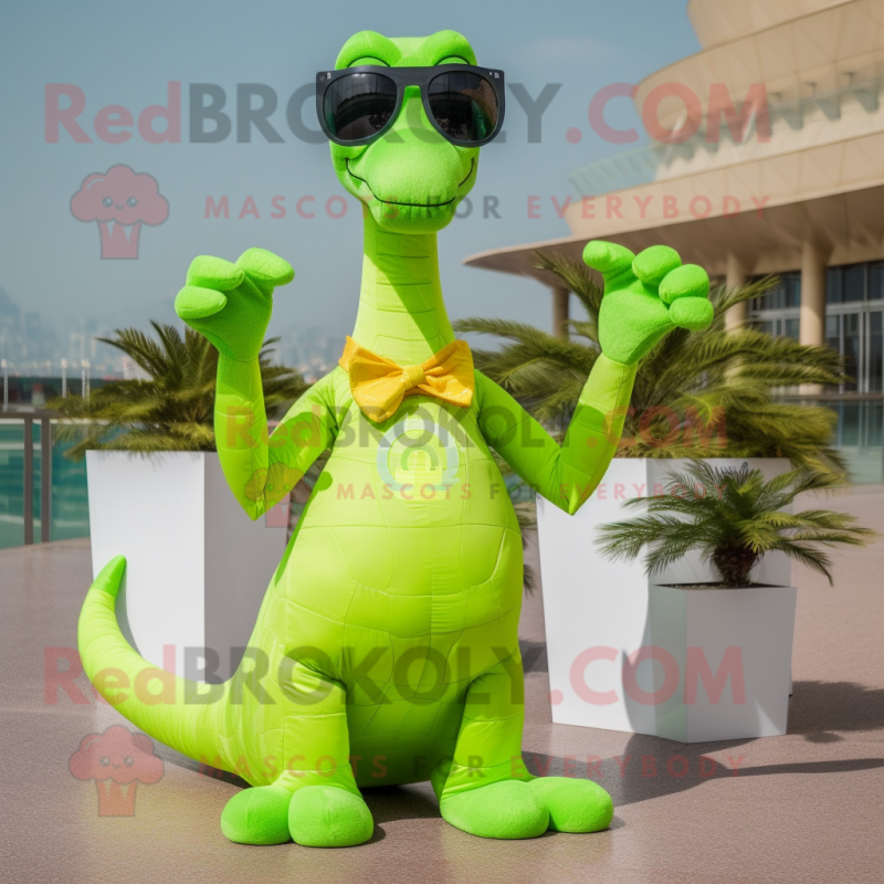 Lime Green Brachiosaurus mascot costume character dressed with a Blouse and Sunglasses