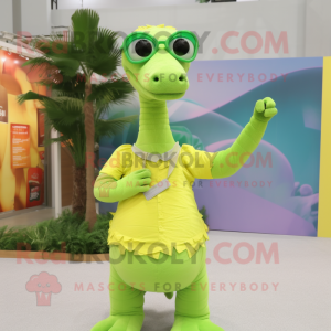 Lime Green Brachiosaurus mascot costume character dressed with a Blouse and Sunglasses