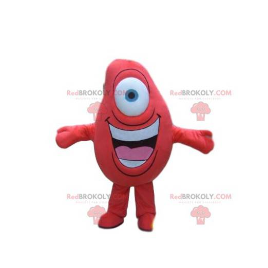 Mascote vermelho com um olho e um sorriso enorme -