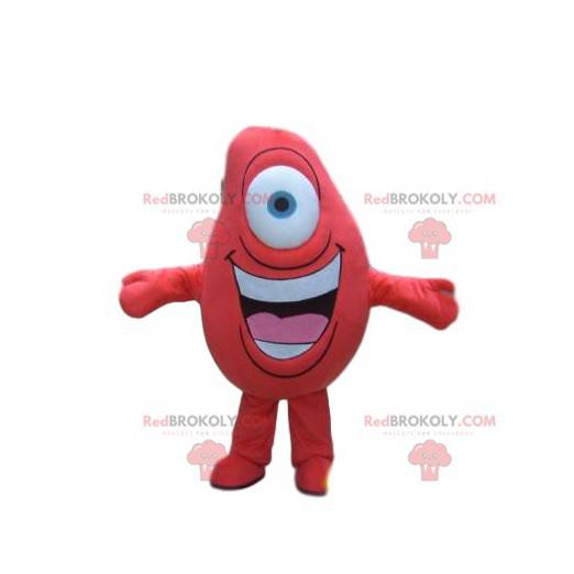 Rød karakter maskot med det ene øje og et kæmpe smil -