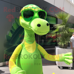 Lime Green Brachiosaurus mascot costume character dressed with a Blouse and Sunglasses