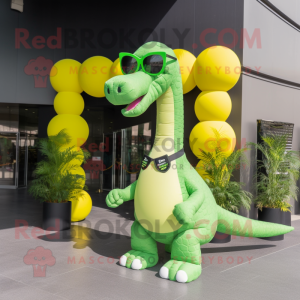 Lime Green Brachiosaurus mascot costume character dressed with a Blouse and Sunglasses