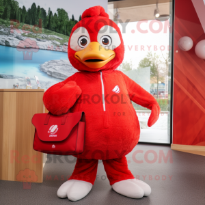 Red Swans mascot costume character dressed with a Sweatshirt and Clutch bags