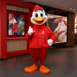 Red Swans mascot costume character dressed with a Sweatshirt and Clutch bags