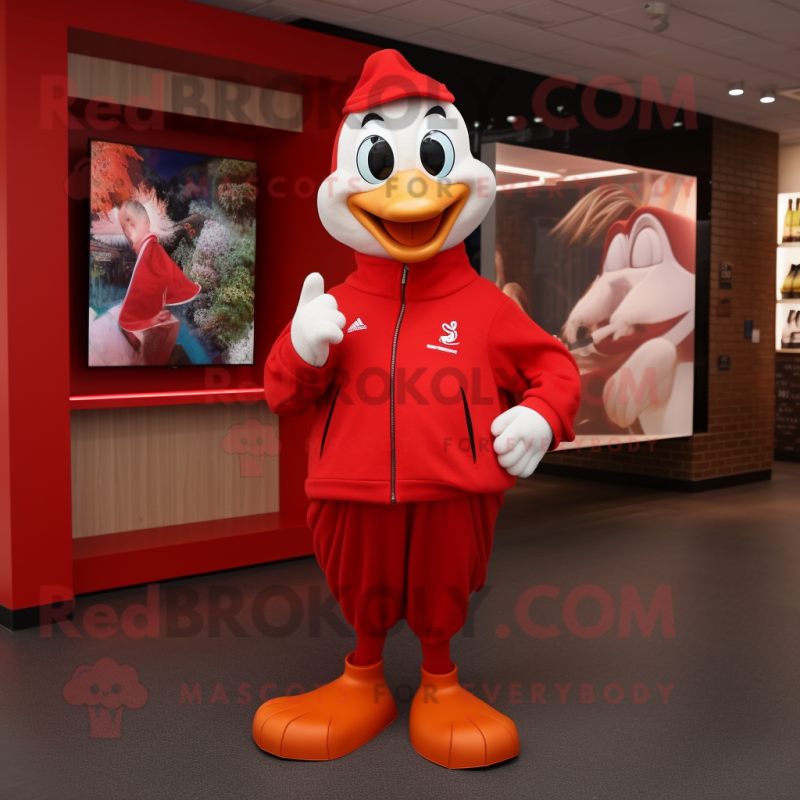 Red Swans mascot costume character dressed with a Sweatshirt and Clutch bags Red Swans mascot costume character dressed with a Sweatshirt and Clutch bags