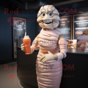 Peach Mummy mascot costume character dressed with a Cocktail Dress and Bracelets