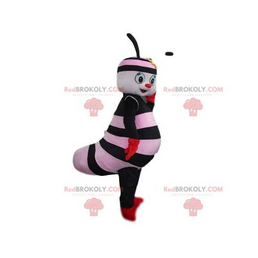 Mascote de lagarta listrada em preto e rosa claro -