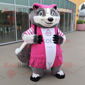 Pink Badger mascot costume character dressed with a Empire Waist Dress and Backpacks