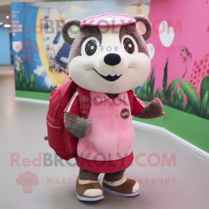 Pink Badger mascot costume character dressed with a Empire Waist Dress and Backpacks