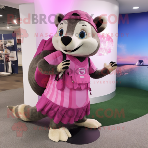 Pink Badger mascot costume character dressed with a Empire Waist Dress and Backpacks