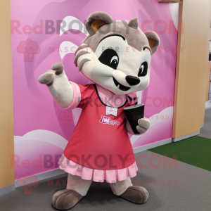 Pink Badger mascot costume character dressed with a Empire Waist Dress and Backpacks