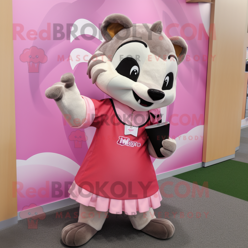 Pink Badger mascot costume character dressed with a Empire Waist Dress and Backpacks Pink Badger mascot costume character dressed with a Empire Waist Dress and Backpacks