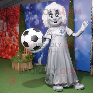 Silver Soccer Goal mascot costume character dressed with a Maxi Dress and Foot pads