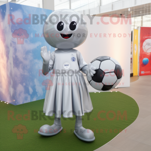 Silver Soccer Goal mascot costume character dressed with a Maxi Dress and Foot pads