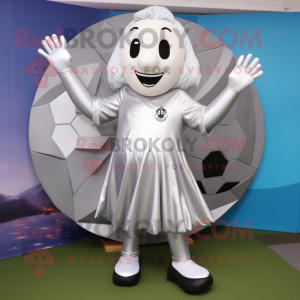 Silver Soccer Goal mascot costume character dressed with a Maxi Dress and Foot pads