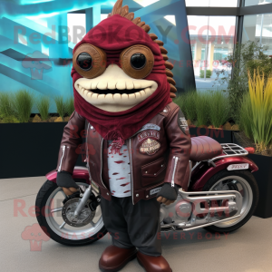 Maroon Fish Tacos mascot costume character dressed with a Biker Jacket and Tie pins