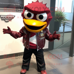 Maroon Fish Tacos mascot costume character dressed with a Biker Jacket and Tie pins