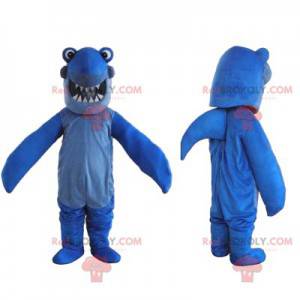 Mascota del tiburón azul con una amplia y hermosa sonrisa -