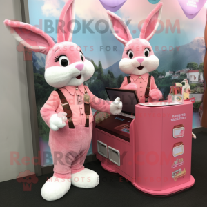 Pink Wild Rabbit mascot costume character dressed with a Dress Pants and Coin purses