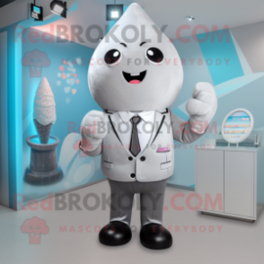 Silver Ice Cream mascot costume character dressed with a Coat and Tie pins