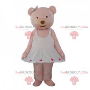 Mascote urso creme com um vestido branco muito fofo -