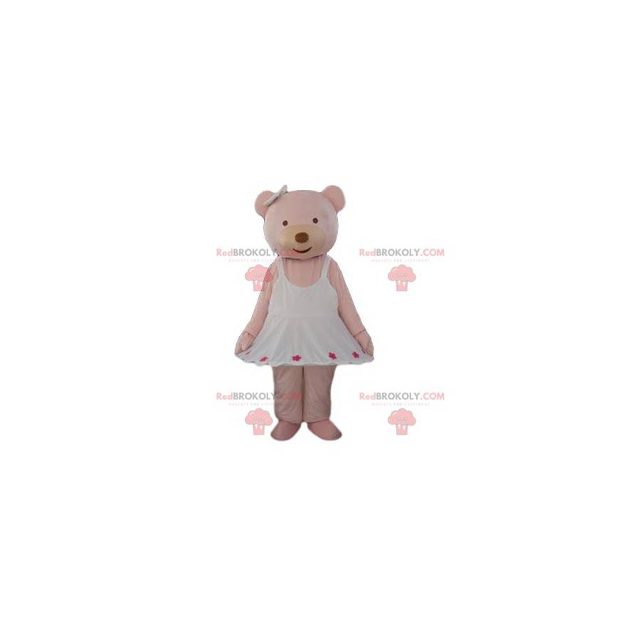 Cream bear mascot with a very cute white dress - Redbrokoly.com