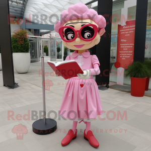 Pink Love Letter mascot costume character dressed with a Shift Dress and Reading glasses