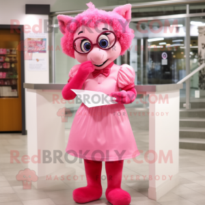 Pink Love Letter mascot costume character dressed with a Shift Dress and Reading glasses