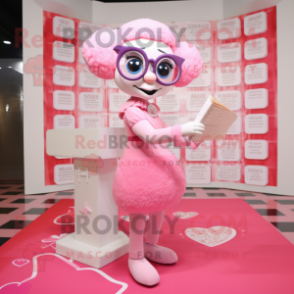 Pink Love Letter mascot costume character dressed with a Shift Dress and Reading glasses