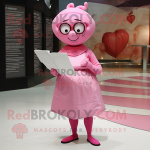 Pink Love Letter mascot costume character dressed with a Shift Dress and Reading glasses