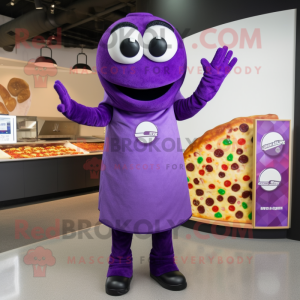 Purple Pizza mascot costume character dressed with a Sheath Dress and Mittens