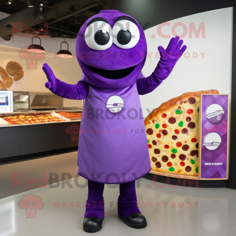 Purple Pizza mascot costume character dressed with a Sheath Dress and Mittens Purple Pizza mascot costume character dressed with a Sheath Dress and Mittens