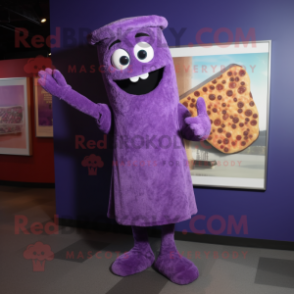 Purple Pizza mascot costume character dressed with a Sheath Dress and Mittens